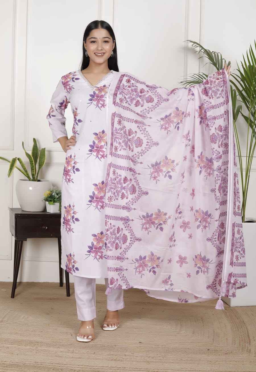 Pastel purple floral-print kurta set 